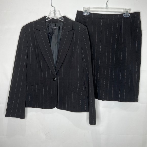 NINE WEST Women’s Suit sz 10 2PC Black White Pink Pin Stripes Skirt Blazer Work